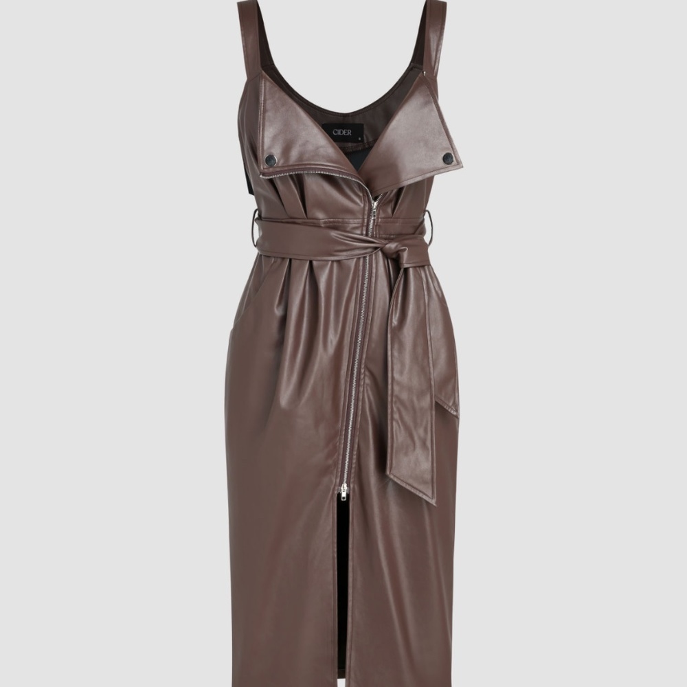 PU Zip Up Midi Dress with Belt (Size MEDIUM) NEW w/o tags